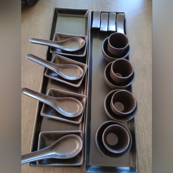 22pc Matte Black Ceramic Asian Sushi Dip Bowls Food Holder Tray For Party Bites
